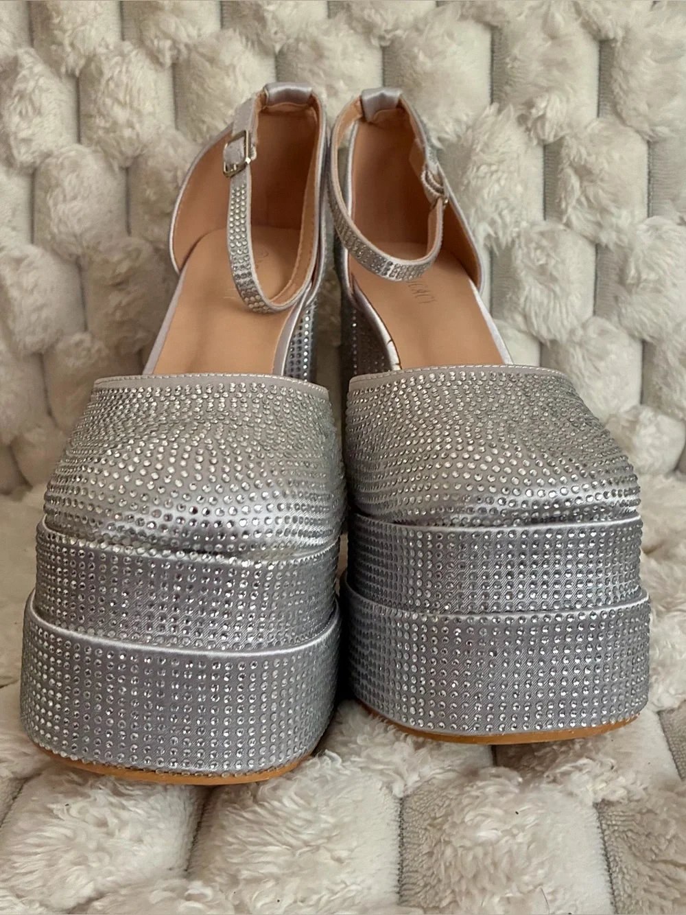 Silver Rhinestone Platform Block Heels with Ankle Strap